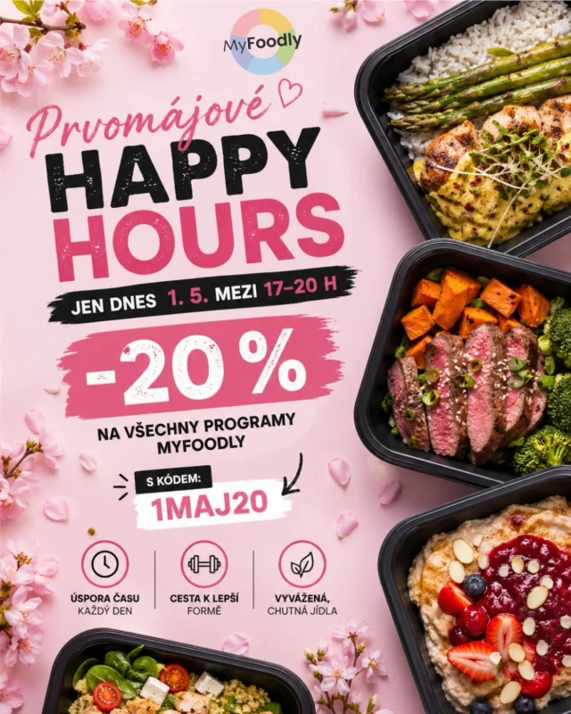 🌸Prvomájové HAPPY HOURS jsou tady!
Jen dnes 1. 5. mezi 17:00–20:00 máš jedinečnou šanci získat 👉🏼 -20 % na všechny programy MyFoodly.

Stačí zadat kód: 1MAJ20
⏳Máš jen 3 hodiny.

Žádné plánování, žádné odkládání - prostě klikni a máš vyřešeno.

✅Krabičky, co šetří čas každý den
✅Vyvážené jídlo bez starostí
✅Výsledky, které dávají smysl

 Vyber si svůj program ještě dnes (start si klidně nastavíš na později). 🔥Ve 20:00 končíme. Bez výjimek.

#myfoodly #krabicky #zdravestravovani