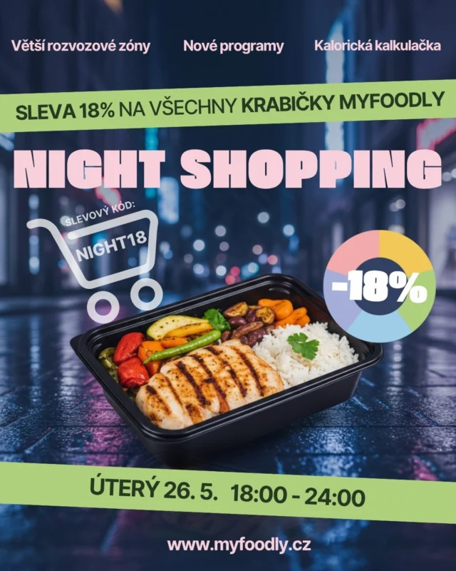 🌜NIGHTSHOPPING U MYFOODLY !

Pouze v ÚTERÝ 26.5. od 18:00 do 24:00 získáte -18 % na jakýkoliv program. 🎯

Stačí v objednávce zadat kód: NIGHT18 ✨

⏱️Máte jen 6 hodin. O půlnoci končíme. ⏳