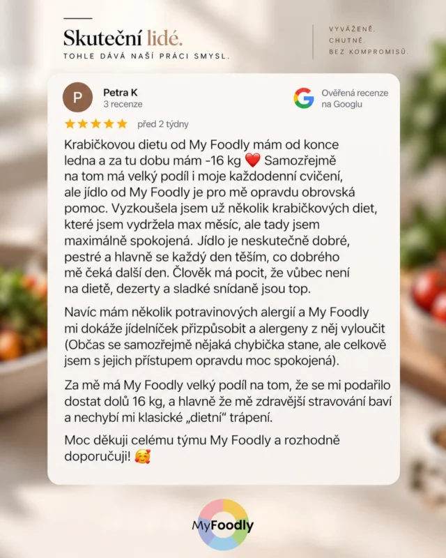Takové zprávy nám připomínají, proč to celé děláme. 🤍
Nejde jen o číslo na váze. Jde o to, aby vám jídlo chutnalo, fungovalo v běžném životě a bylo něco, na co se každý den těšíte.

Děkujeme za důvěru. Právě skutečné zkušenosti našich klientů pro nás znamenají nejvíc.

#MyFoodly #KrabickovaStrava #jidlokteredavasmysl