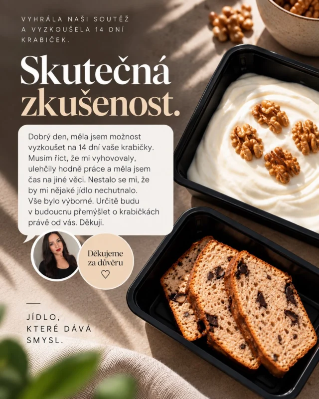 Vyhrála naši soutěž a dostala možnost vyzkoušet 14 dní MyFoodly.

A přesně takovou zpětnou vazbu chceme slyšet. Ne naučenou větu do reklamy, ale skutečnou zkušenost člověka, který naše jídlo opravdu jedl každý den.

„Vyhovovalo mi, ulehčilo mi hodně práce a měla jsem čas na jiné věci. Nestalo se mi, že by mi nějaké jídlo nechutnalo. Vše bylo výborné.“

A to je pro nás možná ta nejhezčí odměna. 🤍

Protože nejde jen o to, co je v krabičce. Jde i o čas, který díky ní nemusíte trávit nákupem, vymýšlením a vařením.

Děkujeme za důvěru.

#MyFoodly #SkutecnaZkusenost #KrabickovaStrava #JidloKtereDavaSmysl