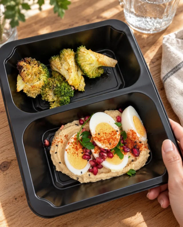 Vegetariánská krabička má být víc než jen hezky barevná. 🌿

Vejce a hummus jsou zdrojem bílkovin, brokolice a granátové jablko přidávají vlákninu a vitaminy. K tomu kvalitní suroviny a kombinace chutí, na kterou se člověk těší. Tak nás baví připravovat vege jídla v MyFoodly.